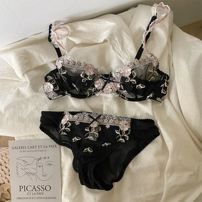 MOYISU New Arrival Luxury Pure Desire Lace Tulle Sexy Panties Lingerie Set Lilacs Embroidery Girl Boobs Big Size Big Boobs Small - Matrix-studios.com