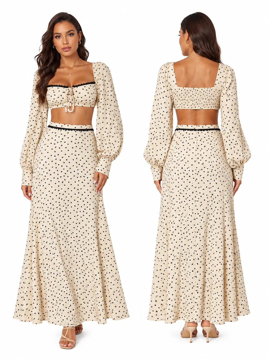 Women 2 Piece Boho Matching Sets, Integrated Puff Long Sleeve Cutout Back Tie‑Front Crop Top & High Waist Flowy Polka Dot Maxi Skirt, Summer Beach Vacation Co‑Ord Outfits - Matrix-studios.com