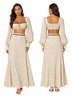 Women 2 Piece Boho Matching Sets, Integrated Puff Long Sleeve Cutout Back Tie‑Front Crop Top & High Waist Flowy Polka Dot Maxi Skirt, Summer Beach Vacation Co‑Ord Outfits - Matrix-studios.com