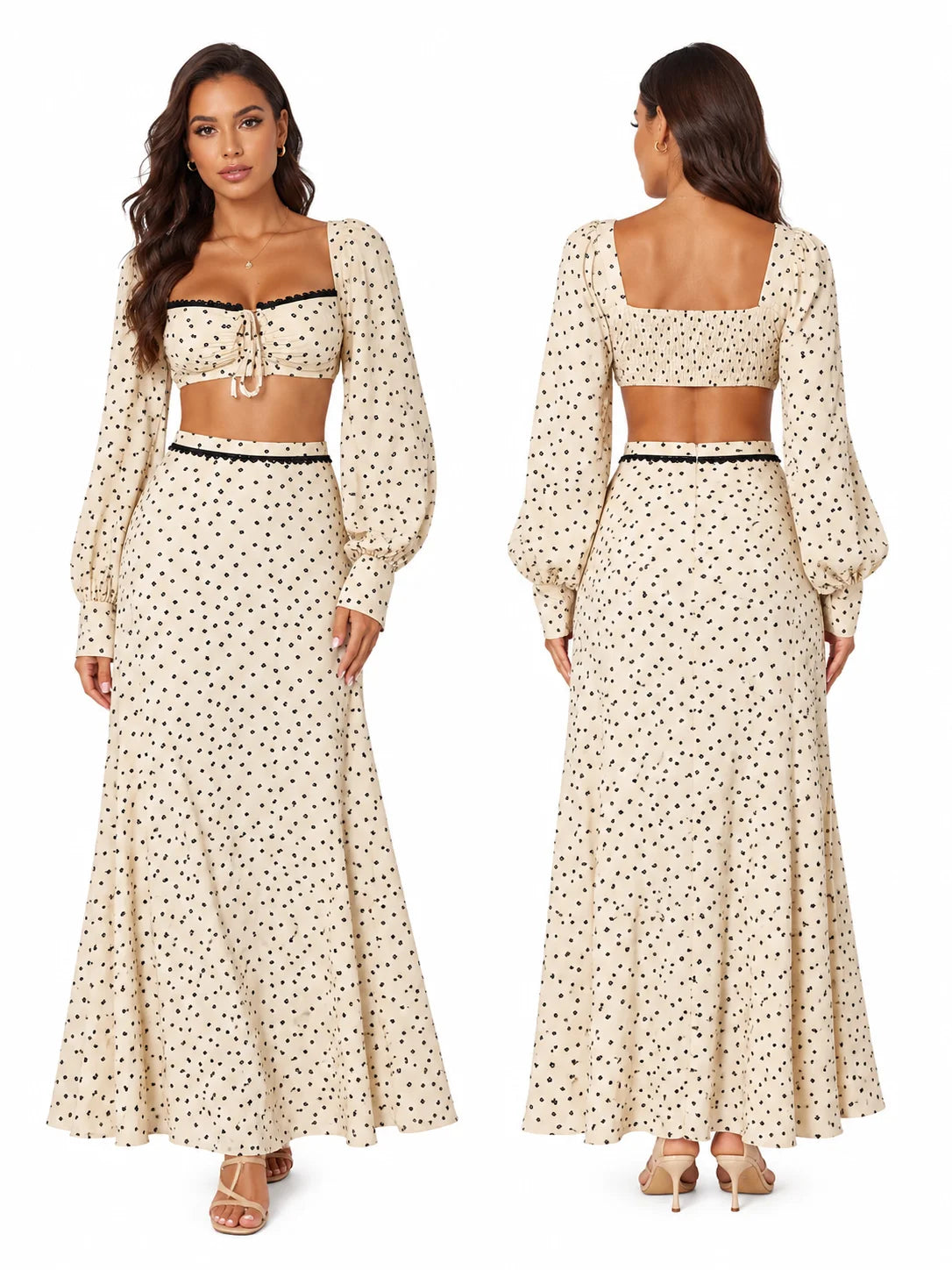 Women 2 Piece Boho Matching Sets, Integrated Puff Long Sleeve Cutout Back Tie‑Front Crop Top & High Waist Flowy Polka Dot Maxi Skirt, Summer Beach Vacation Co‑Ord Outfits - Matrix-studios.com