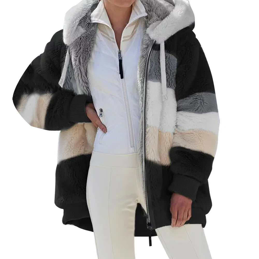 Oversized Jacket for Women Coat 2025 Autumn Winter Warm Plush Pocket Hooded Streetwear Loose Lady Zipper Cashmere Outerwear Coat - Matrix-studios.com
