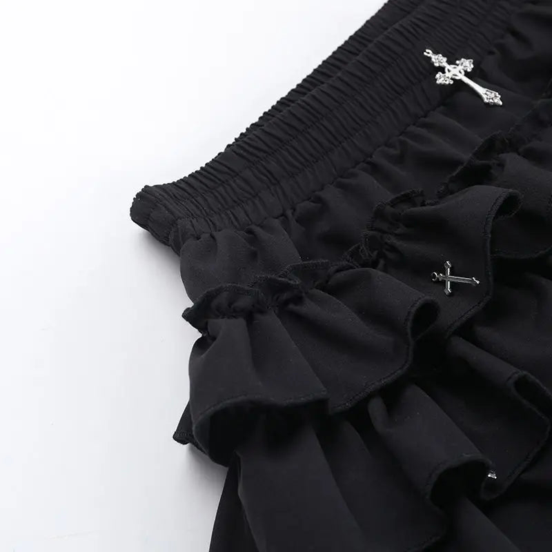 Women Skirts Tiered Ruffles Mini Skirt with Cross Charms Built-in Shorts Kawaii Sukapan Skort Gothic Punk Coquette Y2K E-girl - Matrix-studios.com