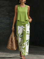 Women Vacation Two‑Piece Set, Sleeveless Square Neck Tank Top + Leaf Print Wide Leg Pants, Casual Loose Summer Matching Co‑Ords