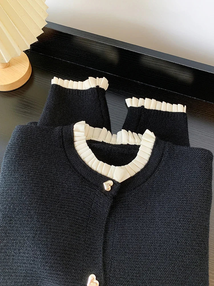 Women Clothing Autumn New Love Button Pleated Collar Knitted Cardigan Jacket Female Lazy Style Sweet Korean Fashion Sweater Tops - Matrix Studios