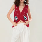 Women Christmas Sweater Vests Santa Claus Print Sleeveless Knit Cardigan Vest Christmas Holiday Tank Top Y2K Clothes - Matrix Studios