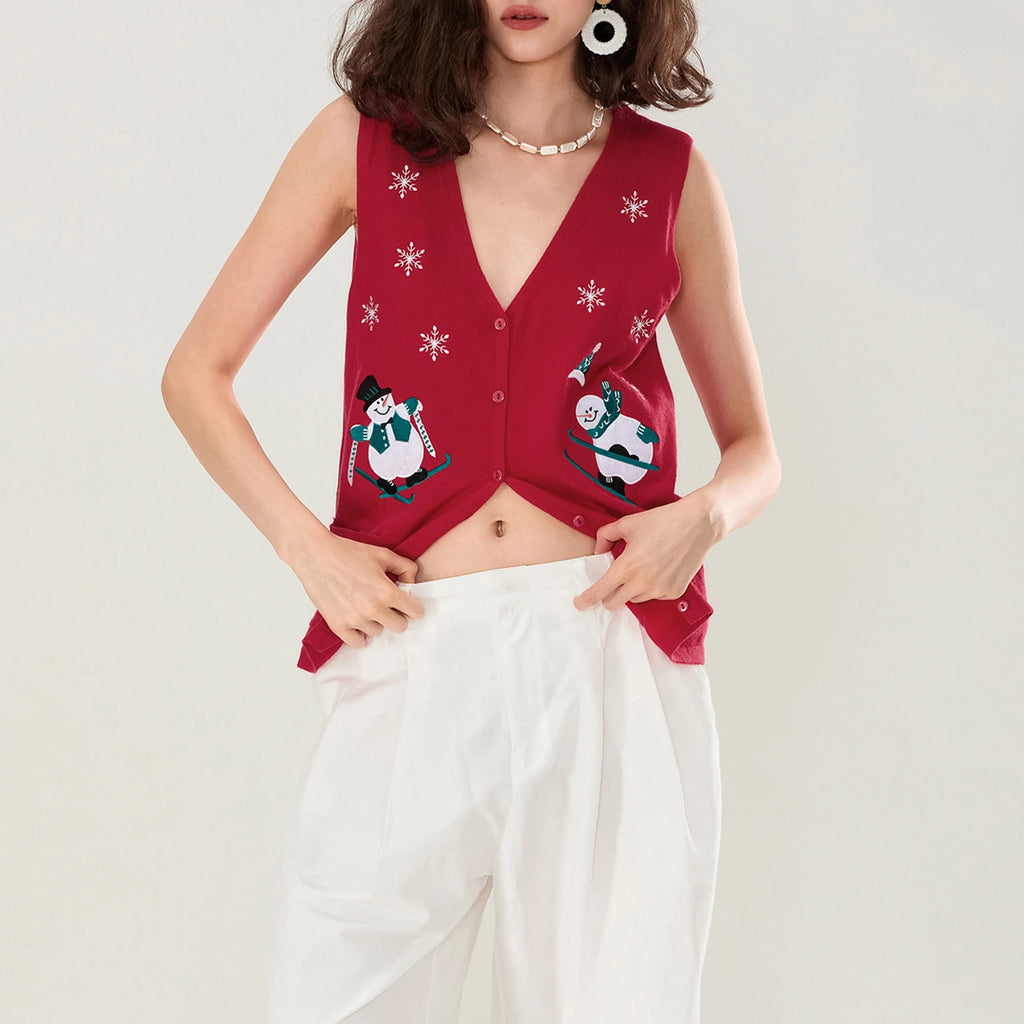 Women Christmas Sweater Vests Santa Claus Print Sleeveless Knit Cardigan Vest Christmas Holiday Tank Top Y2K Clothes - Matrix Studios