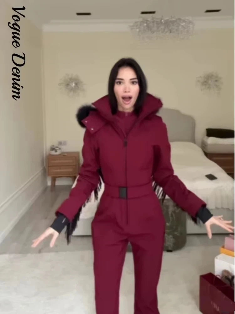 Casual Solid Tassels Women's Ski Suit Zippers Fur Hooded Slim High Waist Lady Jumpsuits 2025 Winter Fashion Female Warm Skiwear - Matrix Studios