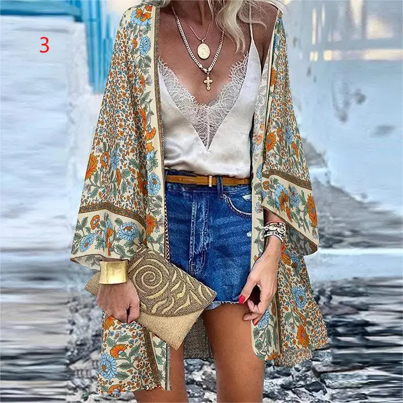 WeHello 2023 Summer Bohemian Casual Cloak Cardigan for Swimsuit woman Beach Swimwear Tops Long Sleeved Shawl Chiffon Shirt - Matrix Studios