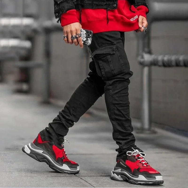 Men Street Elastic Denim Jeans Wash Solid Color Multi Pockets Cargo Pants Casual Slim Fit Daily Wear Joggers Mid Waist Trousers - Matrix Studios