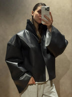 Women Cropped PU Leather Jacket Stand Collar Wide Flare Sleeve Asymmetrical Wrap Open Front Coat 2026 Autumn Chic Loose Jackets - Matrix Studios