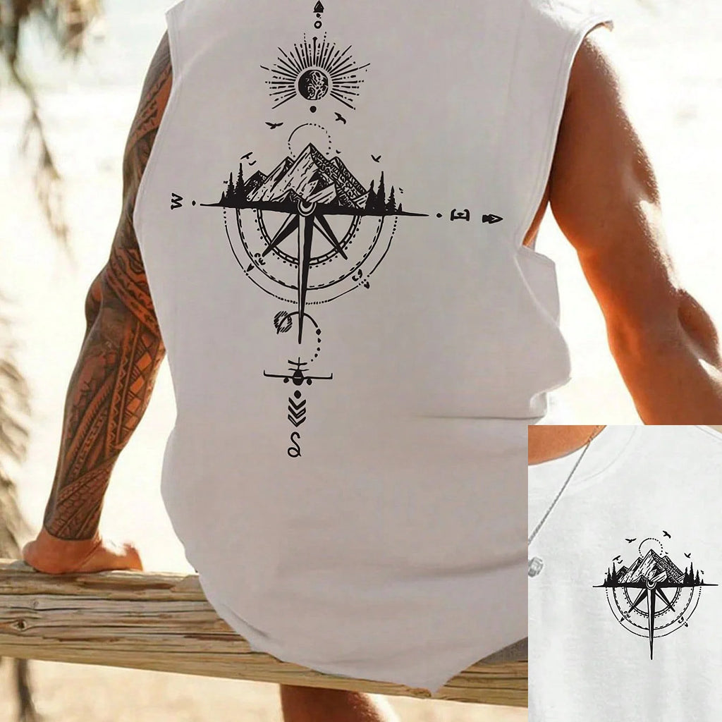Men's Fashionable Casual Sports Loose Compass and Mountain Pattern Print Comfortable and Breathable Round Neck Sleeveless Vest - Matrix Studios