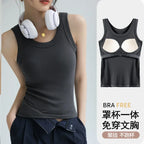 New Women Solid Round Neck Ribbed Tank Top Camisole Women Summer Basic Elastic TankTop One-piece Vest with Chest Pad Y2k - Matrix-studios.com