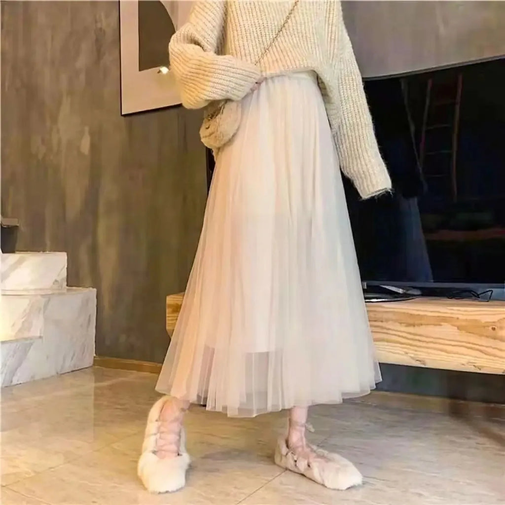 Vintage Tulle Skirt Women Streetwear Elastic High Waist Mesh Pleated Skirts Summer Elegant Korean A Line Office Ladies Skirt New - Matrix-studios.com