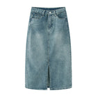 Summer New High-waist Slit Denim Skirt For Women Washed Retro A- line Skirt Hip-covering Straight Long Skirt - Matrix-studios.com