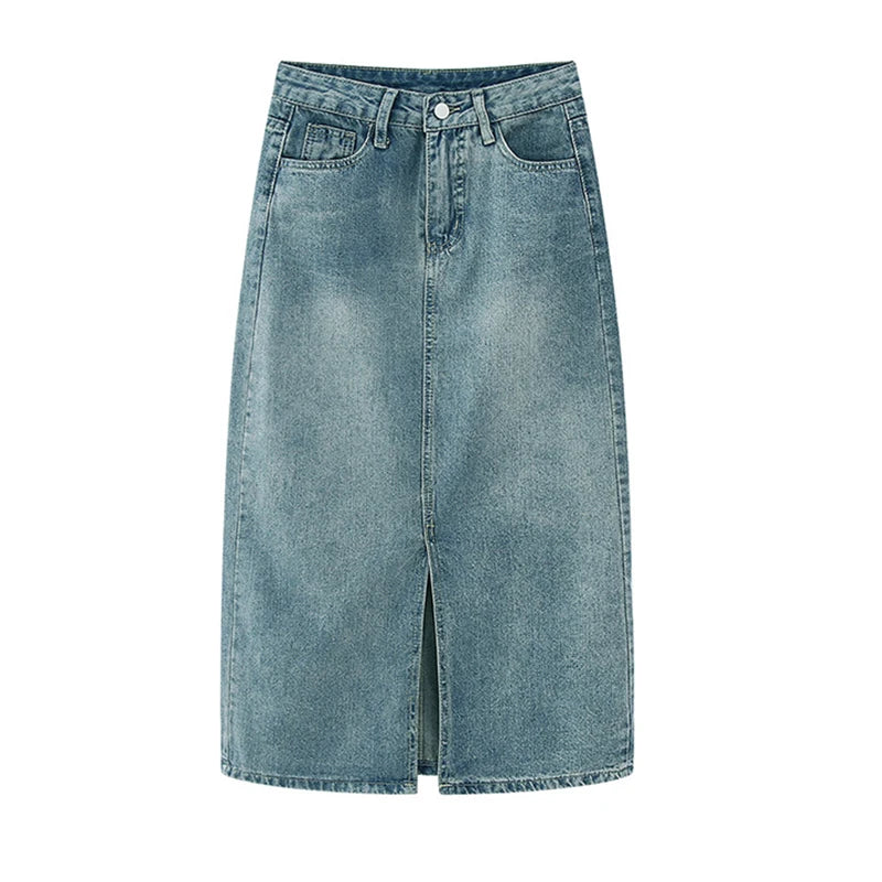 Summer New High-waist Slit Denim Skirt For Women Washed Retro A- line Skirt Hip-covering Straight Long Skirt - Matrix-studios.com