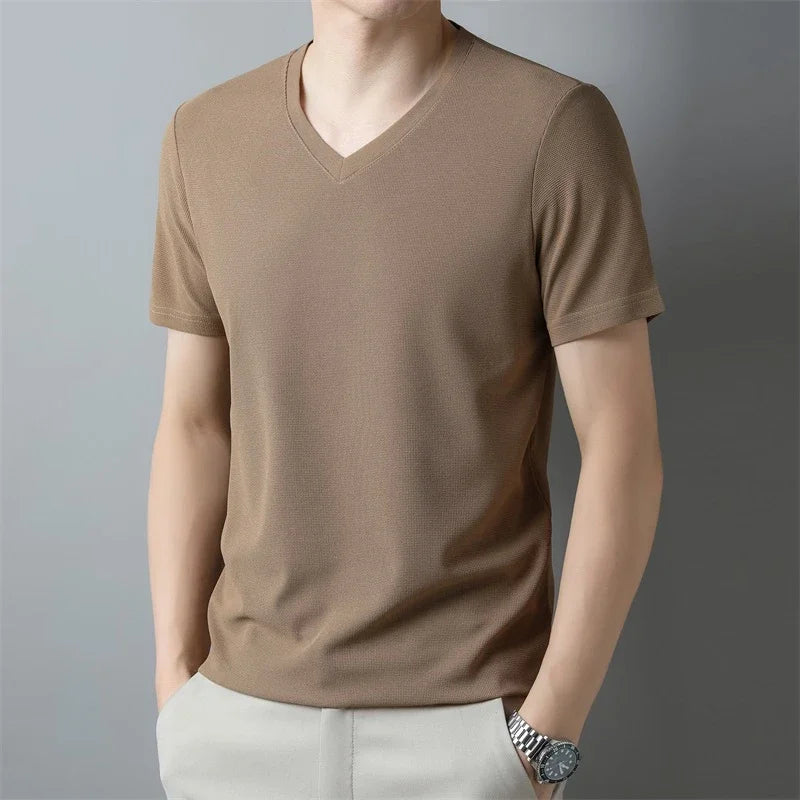 2026 Men's New Waffle V Neck Short Sleeved T-shirt Summer Comfortable Top - Matrix Studios