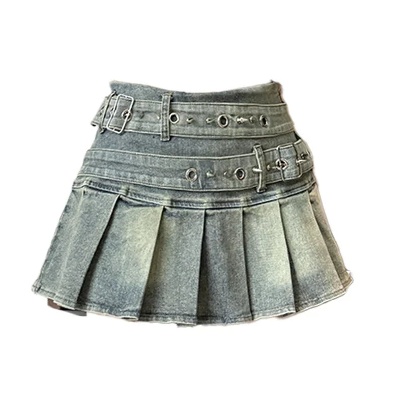 Women's Blue Black Riveted Belt Denim Skirt Y2K Harajuku High Street Fashion 90s Sexy A-line Mini Skirt Summer Clothing 2026 New - Matrix-studios.com
