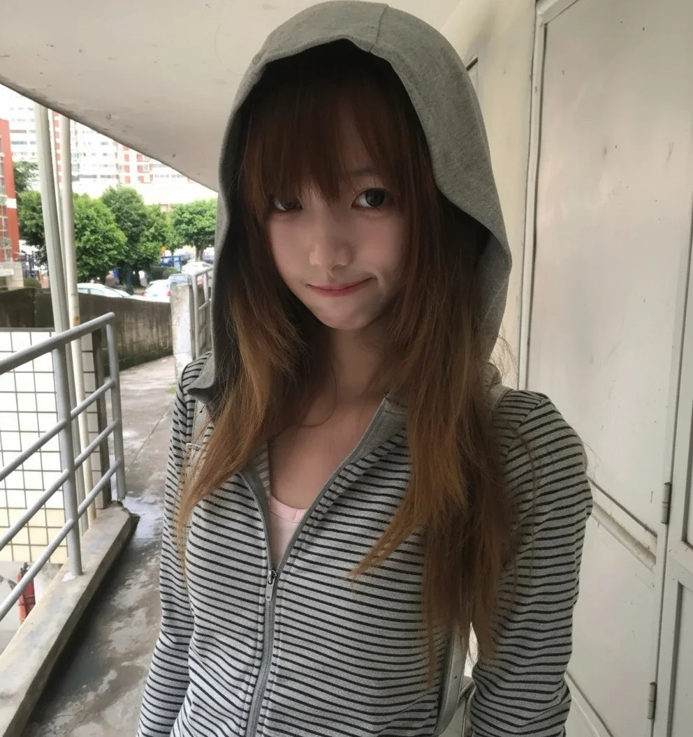 Tonngirls Y2k Japanese Hoodies Women Long Sleeve Striped Sweatshirt Streetwear American Striped Hoodies With Zipper E-girls - Matrix Studios