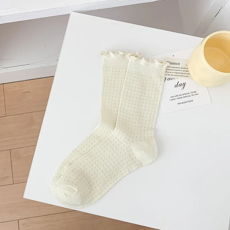 Autumn Women's Socks with Lace Trim Hollow-Out Mesh Breathable Slouch Solid Color Trendy and Versatile for Instagram Style Socks - Matrix Studios