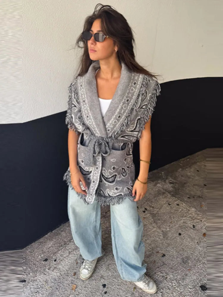 Tassel Patchwork Printed Cardigan Vest Women's Turn-down Collar Sleeveless Knitted Fashion Sweater Vintage 2025 Autumn Cardigans - Matrix Studios
