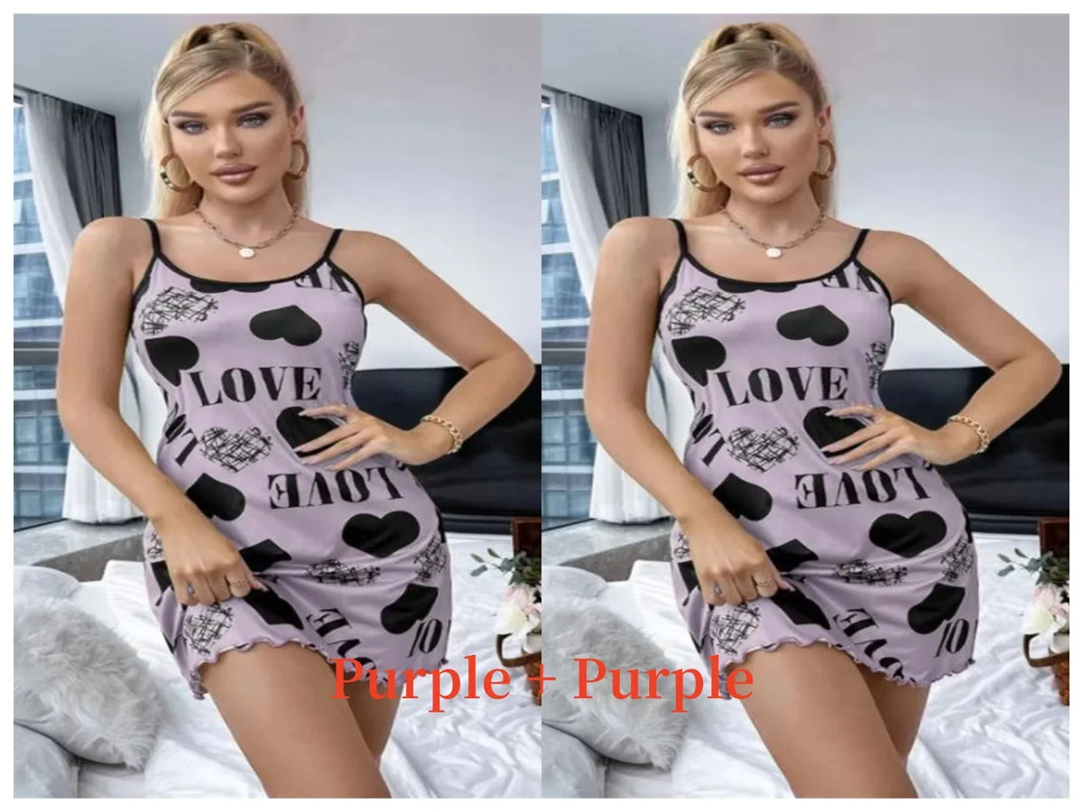 Summer New Women's Nightgown Beauty Back Thin Section Of Home Wear Sexy Halter Short Skirt Love Cartoon Cute Printing Pajamas - Matrix-studios.com