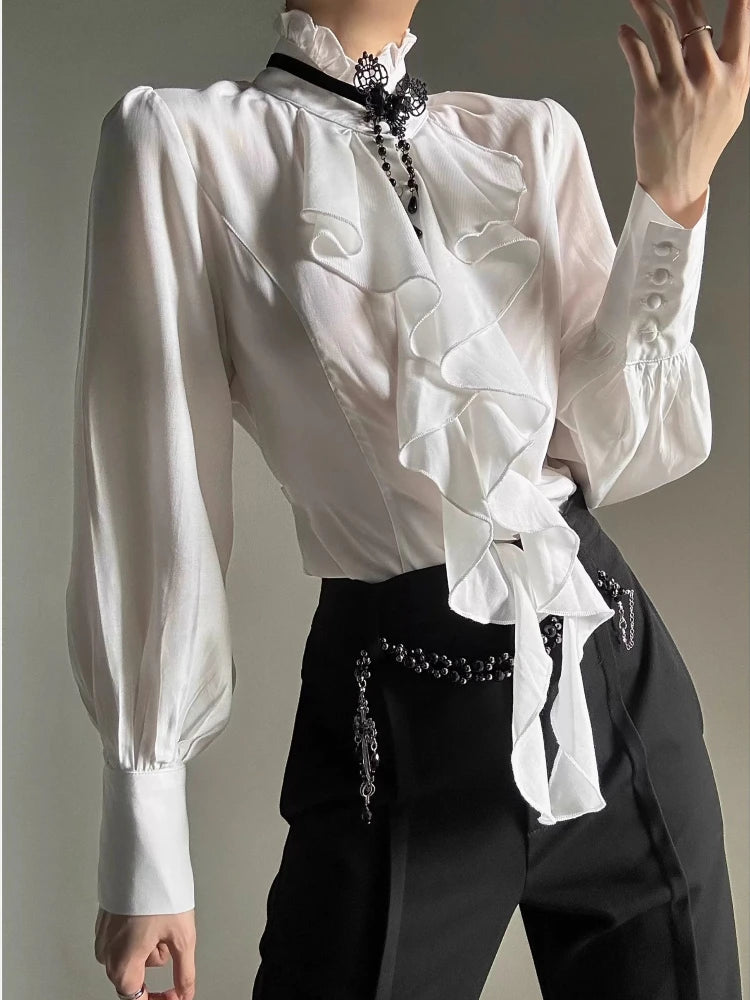 Deeptown White Ruffles Elegant Vintage Women Blouses Black Y2k Victorian Gothic Long Sleeve Stand Collar Shirts Loose Preppy - Matrix-studios.com