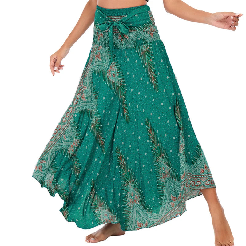 Boho Skirts Women Rayon Beach Long Dress Summer Bohemian Jupe Longue Femme Elastic Waist Print Floral Bandage Halter Hippie - Matrix Studios
