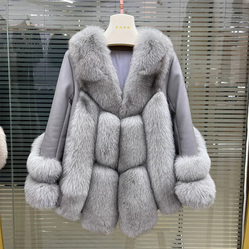2024 Fox Fur New Coat Winter Jacket Women Natural Real Fur Genuine Leather Luxury Outwear Locomotive Thick Warm Female Down Coat - Matrix Studios