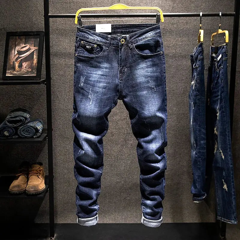 American Elastic Straight Jeans Men Ripped Worn-out Slim-fit Cotton Denim Pants Korean Style Fashion Blue Black Men's Clothing - Matrix Studios