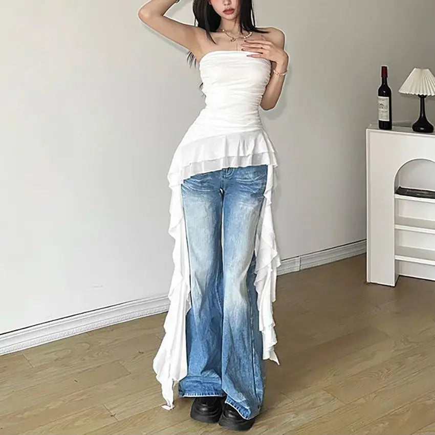 Sexy Off Shoulder New Tank Tops Fashion Women Spring Summer Sleeveless High Street Chest Warp Crop Top Casual Tassel Y2K Tees - Matrix-studios.com