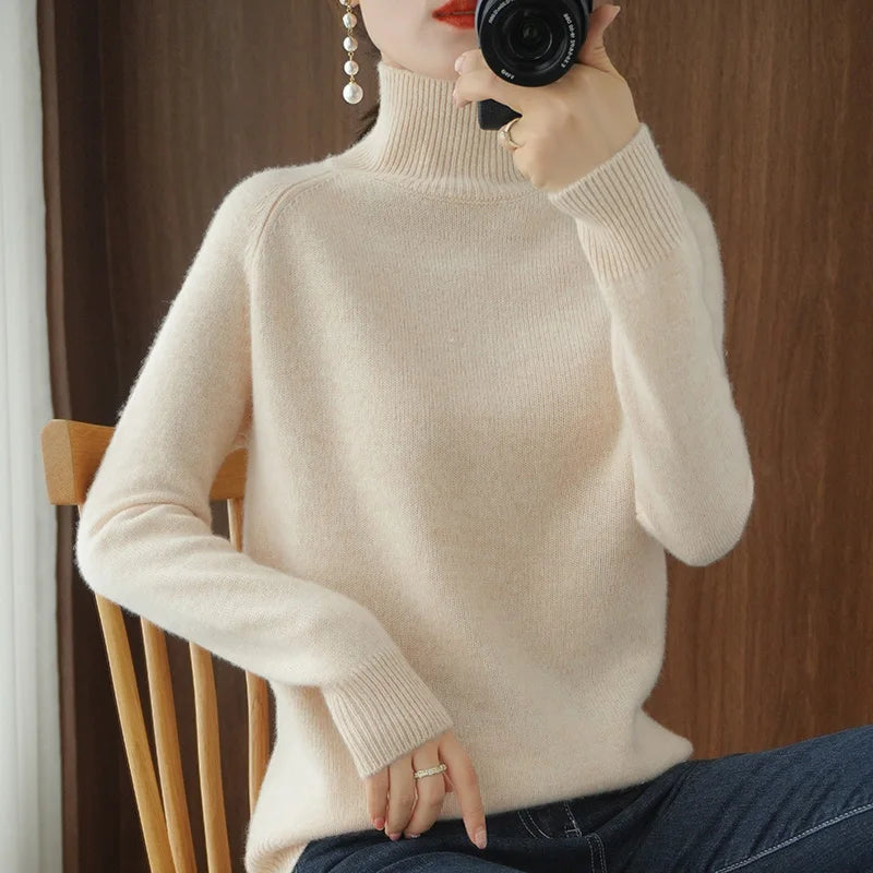Autumn Winter Mock-Neck Merino Wool Pullover Basic Casual Cashmere Sweater Comfort Womes Raglan Sleeve Clothing Tops - Matrix Studios
