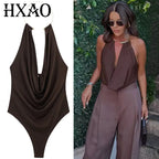 HXAO Brown Halter Bodysuit Women Summer Bodys For Sexy Women Off Shoulder Sleeveless Thong Bodysuit With Open Back Rave Bodysuit - Matrix-studios.com