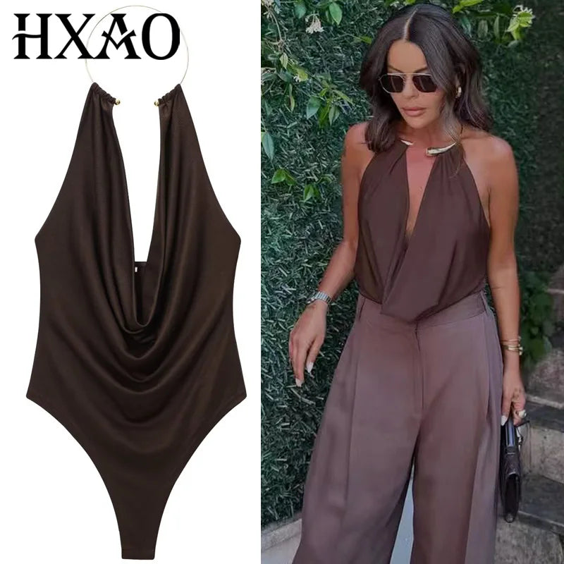 HXAO Brown Halter Bodysuit Women Summer Bodys For Sexy Women Off Shoulder Sleeveless Thong Bodysuit With Open Back Rave Bodysuit - Matrix-studios.com