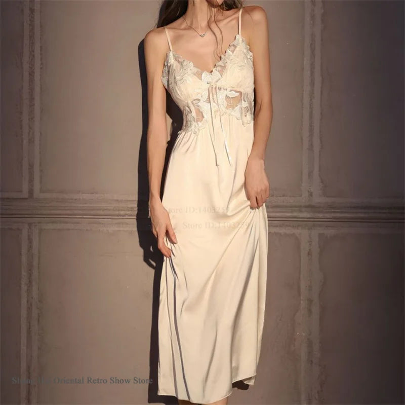 Elegant Female Long Robe Set Nightgown Silky Ice Silk Sleepwear Homewear SEXY Hollow Out Lace Nightdress Lingerie Loungewear - Matrix-studios.com