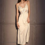 Elegant Female Long Robe Set Nightgown Silky Ice Silk Sleepwear Homewear SEXY Hollow Out Lace Nightdress Lingerie Loungewear - Matrix-studios.com
