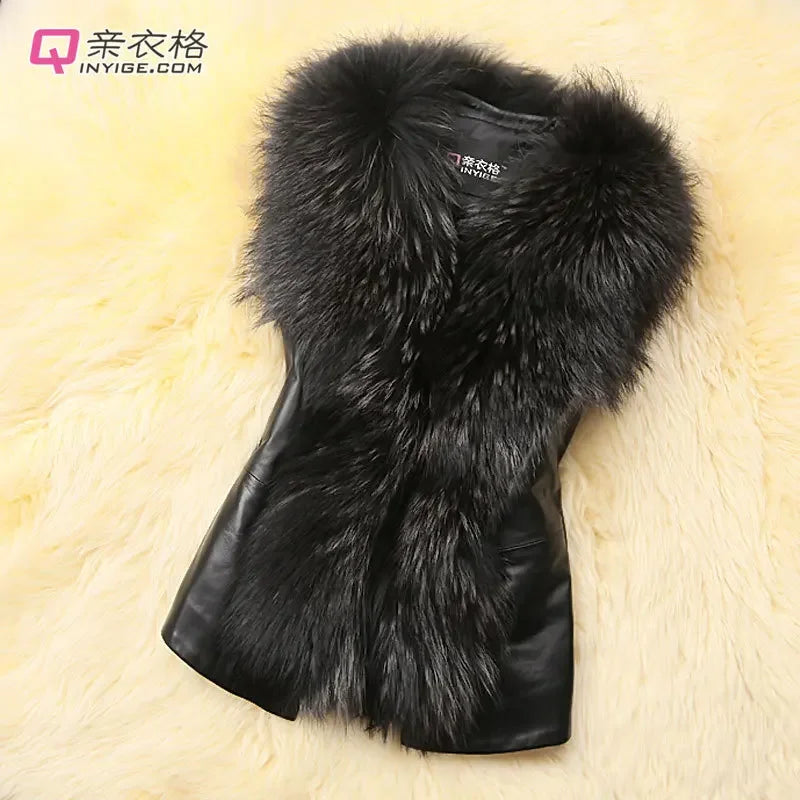 Women Leather Jacket Fur Collar Stitching Simulation Leather Oversized Raccoon Autumn Winter Solid Color Sleeveless Vest Coat - Matrix Studios