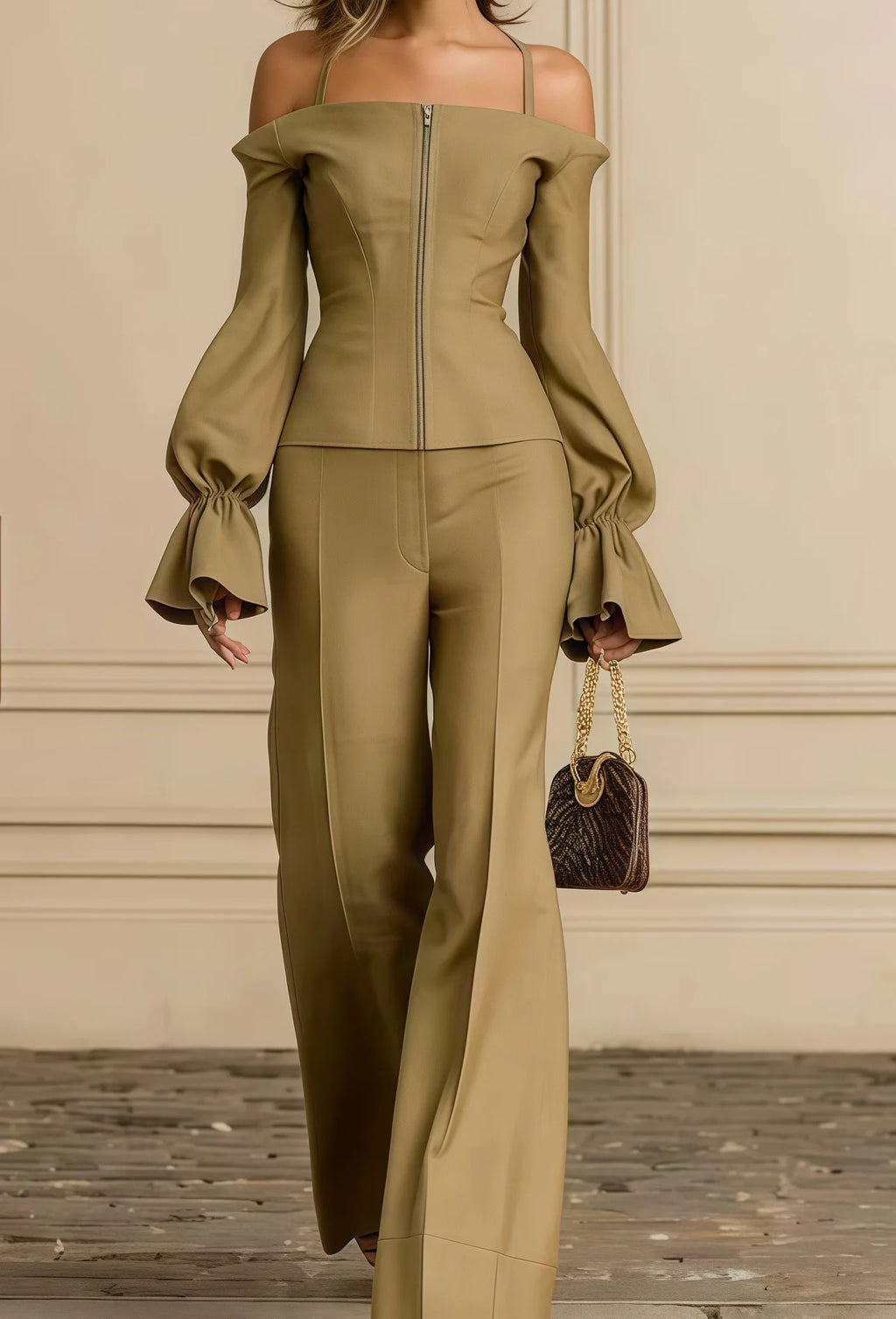 2 Piece Pants Set Women Solid Spaghetti Strap Lantern Sleeve Zip Slim Top Wide Leg Trousers Outfits Elegant Formal Office Suit - Matrix-studios.com