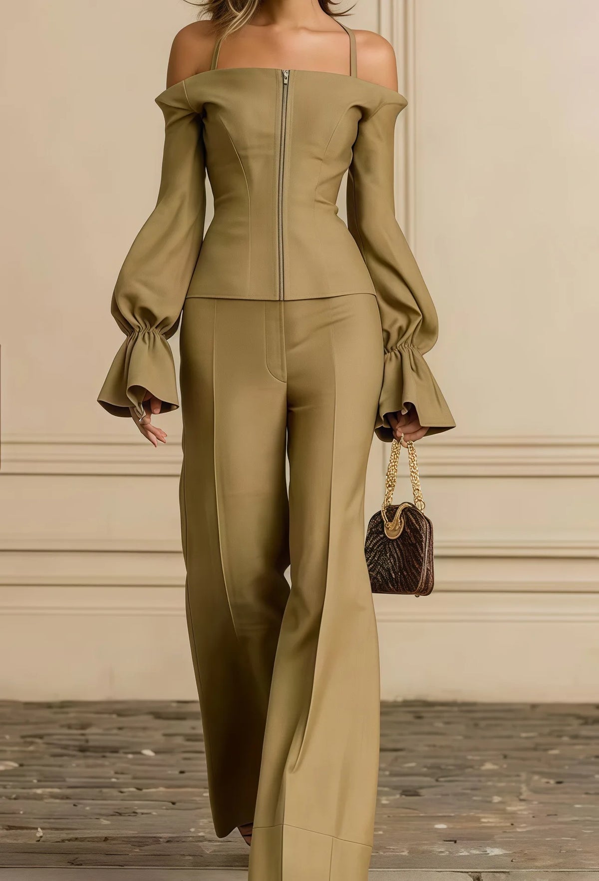 2 Piece Pants Set Women Solid Spaghetti Strap Lantern Sleeve Zip Slim Top Wide Leg Trousers Outfits Elegant Formal Office Suit - Matrix-studios.com