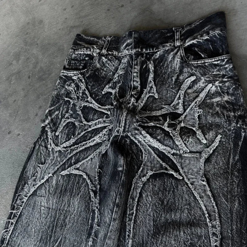 Gothic Retro Oversized Baggy Fit Unisex Mopping Pants Y2K Phantom Jeans High Street Spider Embroidered Patch Hip Hop Streetwear - Matrix Studios