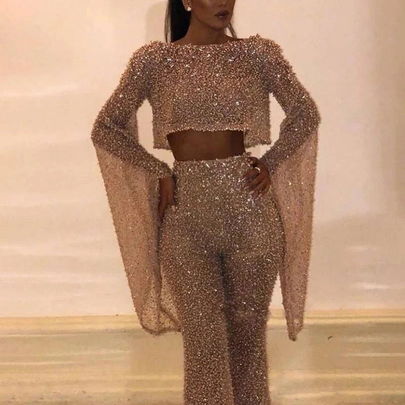 Sexy Backless Hollow Bandage Jumpsuit Women Spring O-neck Flare Sleeve Straight Playsuit Fall Sequin Shiny Party Romper Overalls - Matrix Studios