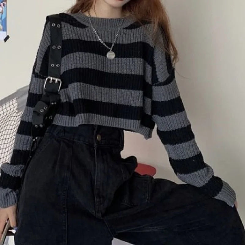 New Korean Style Striped Cropped Sweater Women Vintage Oversize Knit Jumper Female Autumn Long Sleeve O-neck Pullovers Tops - Matrix Studios