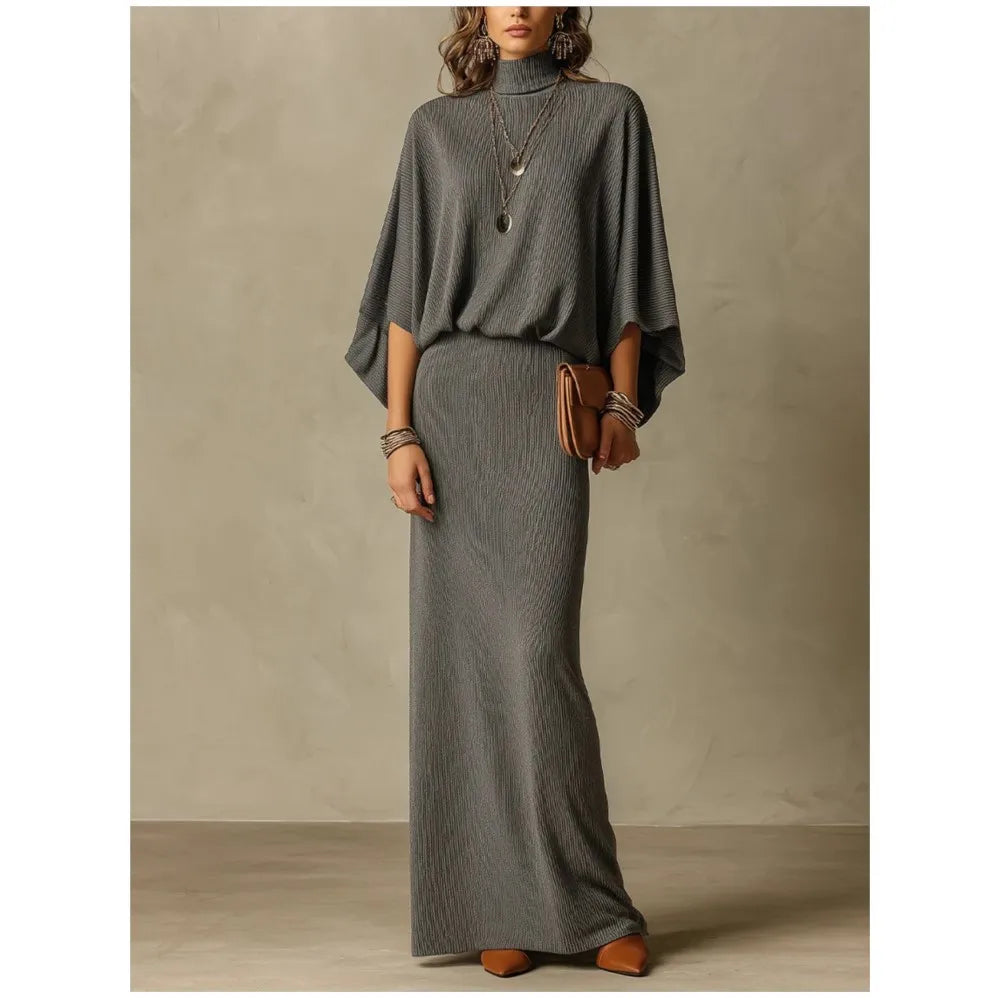 Autumn Winter New Fashion High Collar Bat Sleeve Skirt 2piece Set Women Casual Knitted Pit Strip Elegant Slim Hip Hip Skirt Suit - Matrix-studios.com