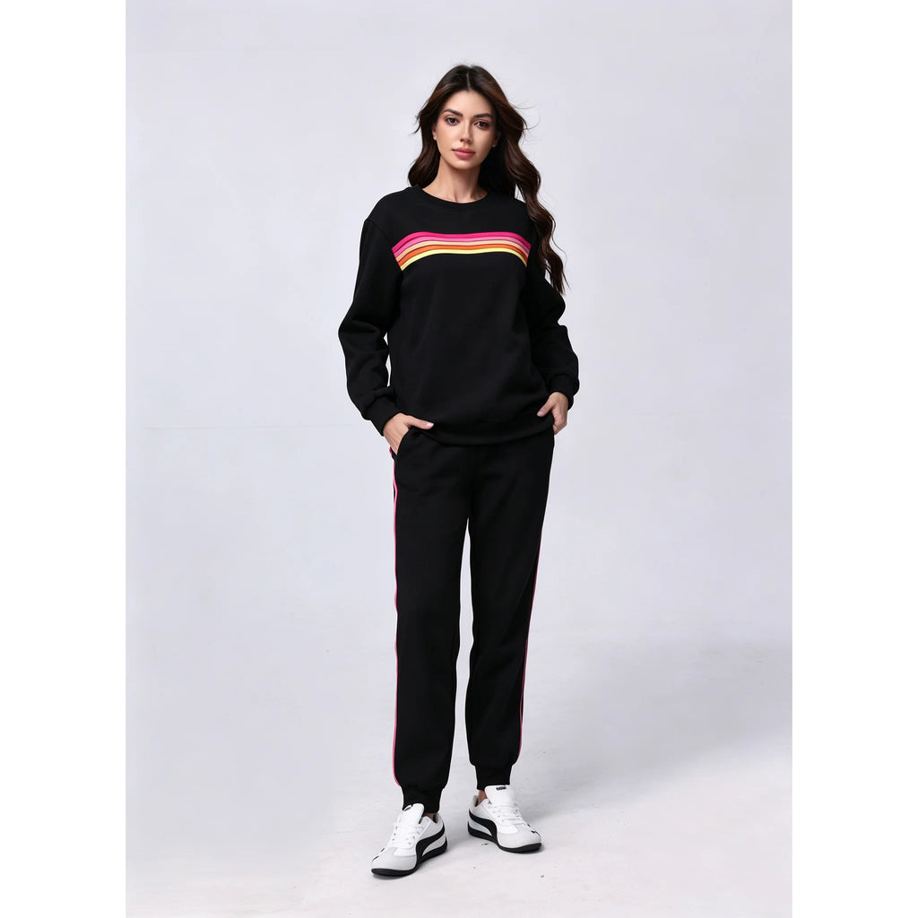 Women's 2 Piece Outfits Rainbow Stripe Sweatsuit Set Long Sleeve Crewneck Sweatshirt Pullover Top & Jogger Pants with Pockets Soft Casual Loungewear Tracksuit Oversized Relaxed Fit Matching Set for Fall Winter Streetwear