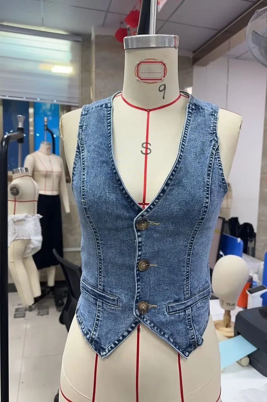 Y2K Retro Women Denim Vest V Neck Button Up Sleeveless Waistcoat Slim Fit Casual Streetwear Summer Crop Top - Matrix Studios