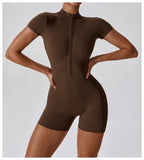 Women's Zipper Short-Sleeve Yoga Jumpsuit - Quick-Dry Breathable Tight Fitness Onesie for Gym Running Sportswear - Matrix Studios