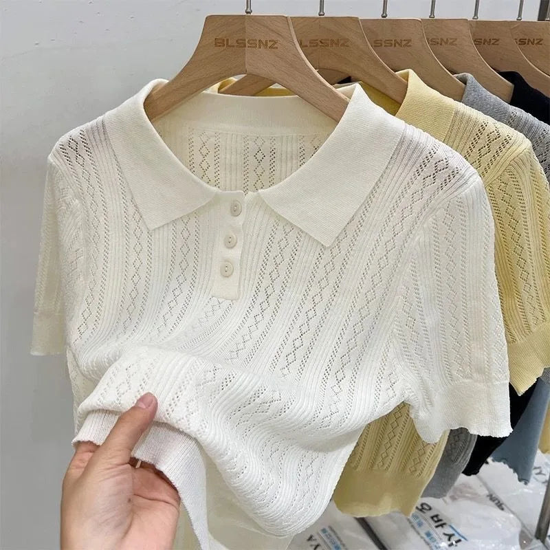 Summer Women's Thin Knit Polo Shirt Hollow-Out Short Sleeve Top Knitted T-shirts  for Women Korean Fashion Elegant Knitwear - Matrix-studios.com