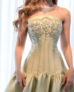 Sansa Customized 2026 Elegant Champagne Gold Strapless Prom Dresses Beaded Corset Satin Ball Gown Formal Evening Gowns Vestidos - Matrix-studios.com