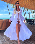 Women Swimsuit Crochet Beach Cover Up Dress Sleeve Kaftan Beach Tunic Long Pareos Bikinis Cover Ups Summer Robe Plage Beachwear - Matrix Studios