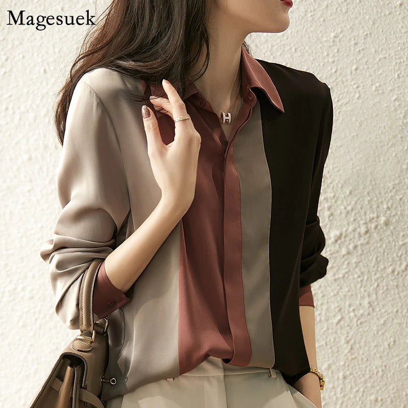 2025 Women Satin Button Blouse Autumn New Vintage Long Sleeve Polo Collar Women Shirt Elegant Loose Tops Clothing 18146 - Matrix-studios.com