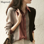 2025 Women Satin Button Blouse Autumn New Vintage Long Sleeve Polo Collar Women Shirt Elegant Loose Tops Clothing 18146 - Matrix-studios.com